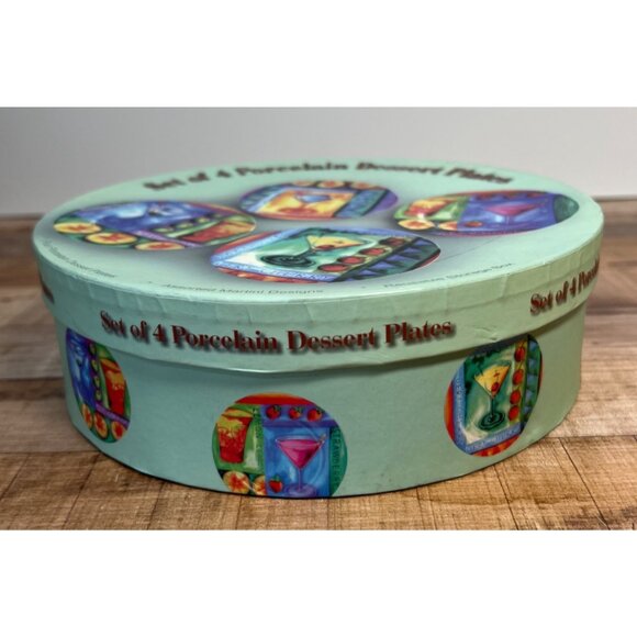 Set Of 4 Martini Cocktail Design Porcelain Dessert Plates With Decorative Storag - Picture 2 of 4